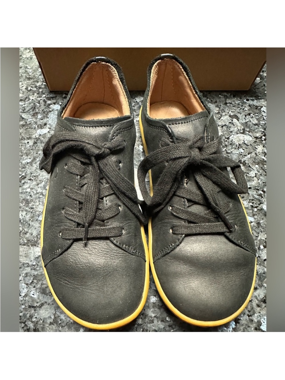 Women’s Black Leather Vivo barefoot Sneakers with tan rubber Sole